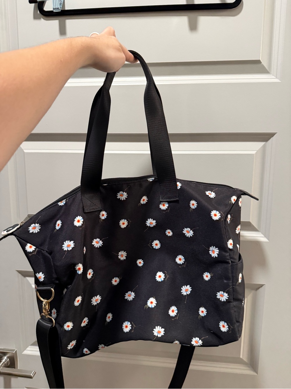 Alice + Olivia Black Tote with White Daisy Print and Detachable Strap